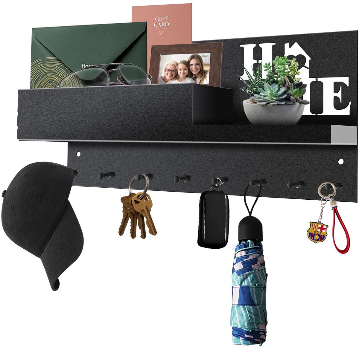 Dailygoods- Sleutelhouder Roestvrij Staal - Sleutelrek met Plank - Wandsleutelbord - Sleutelorganizer met 8 Haken - Postbak/Brievenhouder - Eenvoudig te Monteren