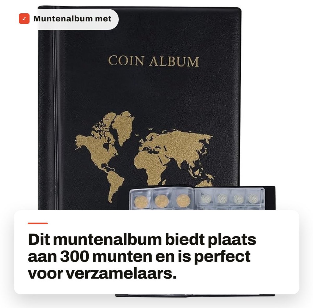 Dailygoods- Muntenalbum 300 Vakken - Munthouder - Verzamelen - Kunstleer - 14 Pagina's - 21,5x17x1,7cm - Zwart - Muntenverzamelalbum