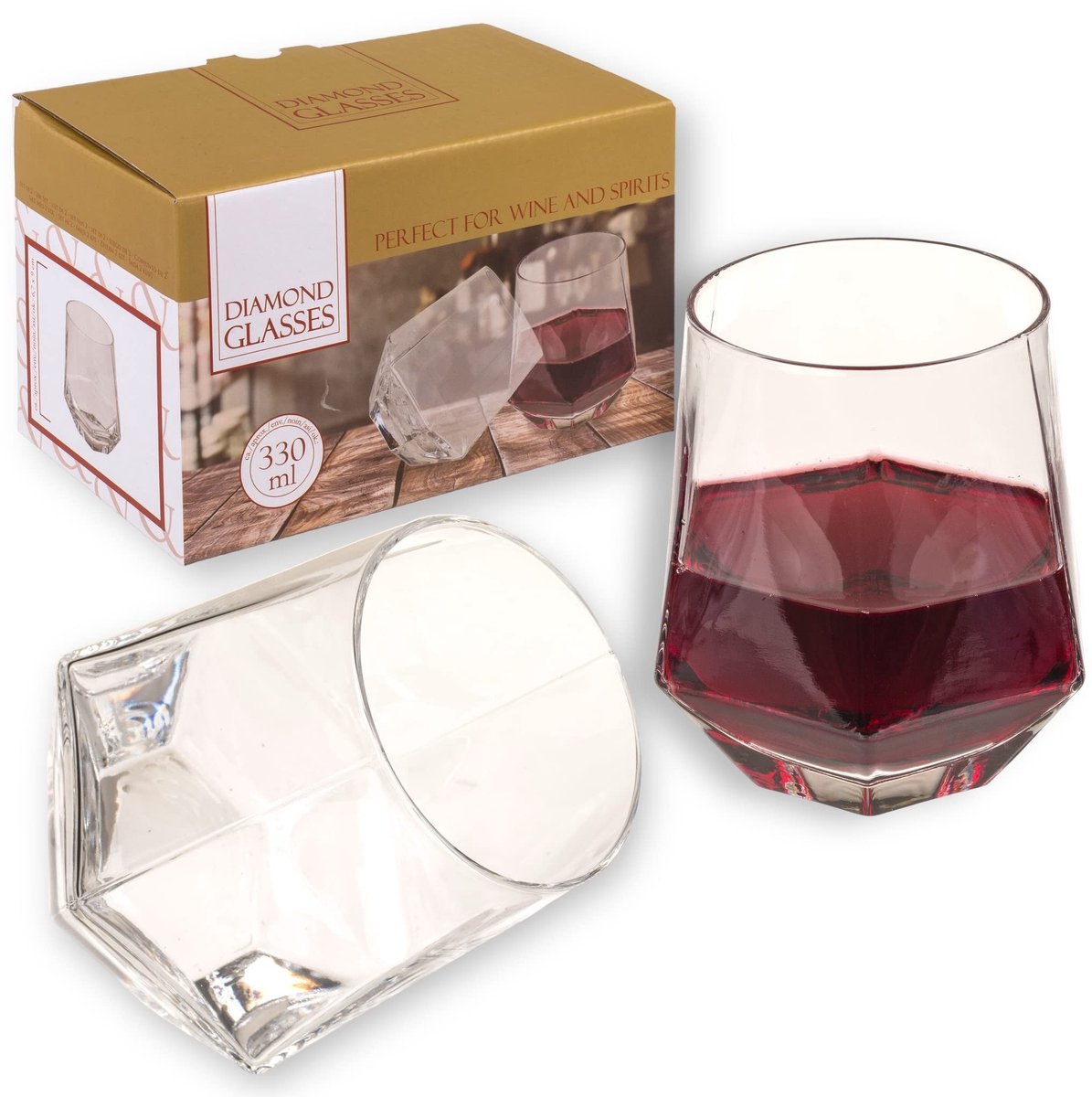 Dailygoods- Whiskyglazen set - Diamantvorm - 2-delige set - Inhoud 330 ml - Hoogte 9 cm - Perfect voor whiskyliefhebbers - Wijnglazen