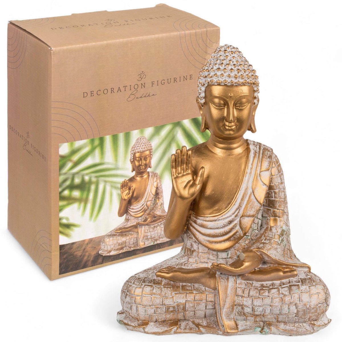 Dailygoods- Boeddha Beeld Vintage Look - Goud/Wit - Polyhars - 14-34 cm Hoog - Optioneel met Theelichthouder - Spirituele Rust - Decoratiefiguur