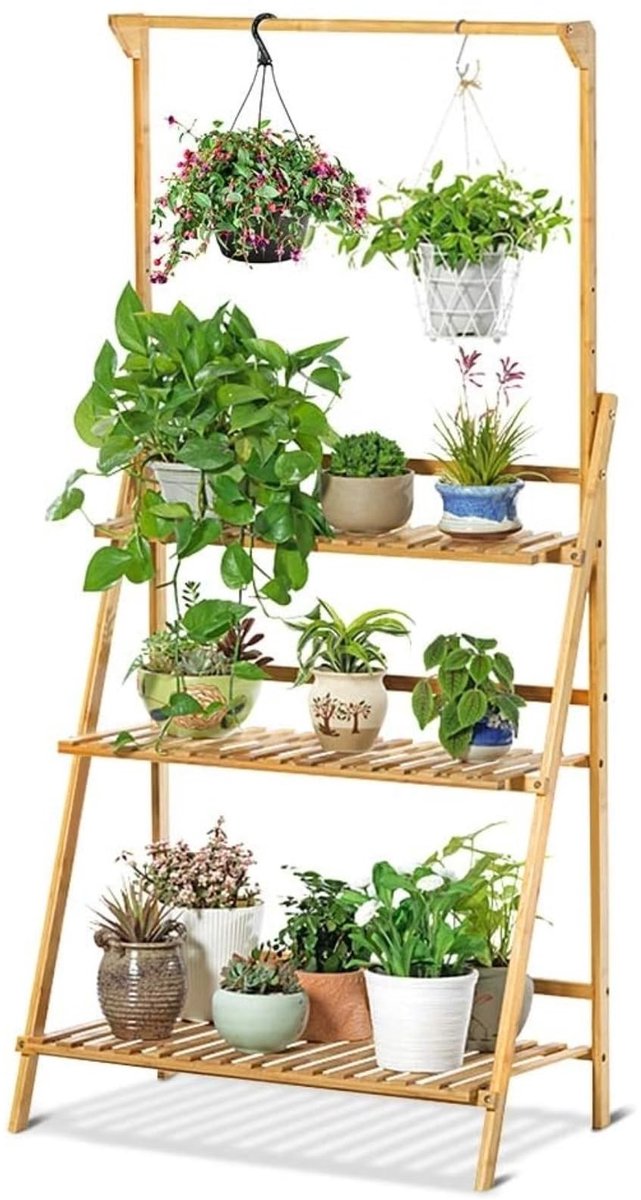 Dailygoods- Plantenrek Opvouwbaar - Bamboe - 3 Niveaus - 96 x 68,5 x 40 cm - Voor Balkon/Tuin - Duurzaam en Herbruikbaar - Plantenstandaard