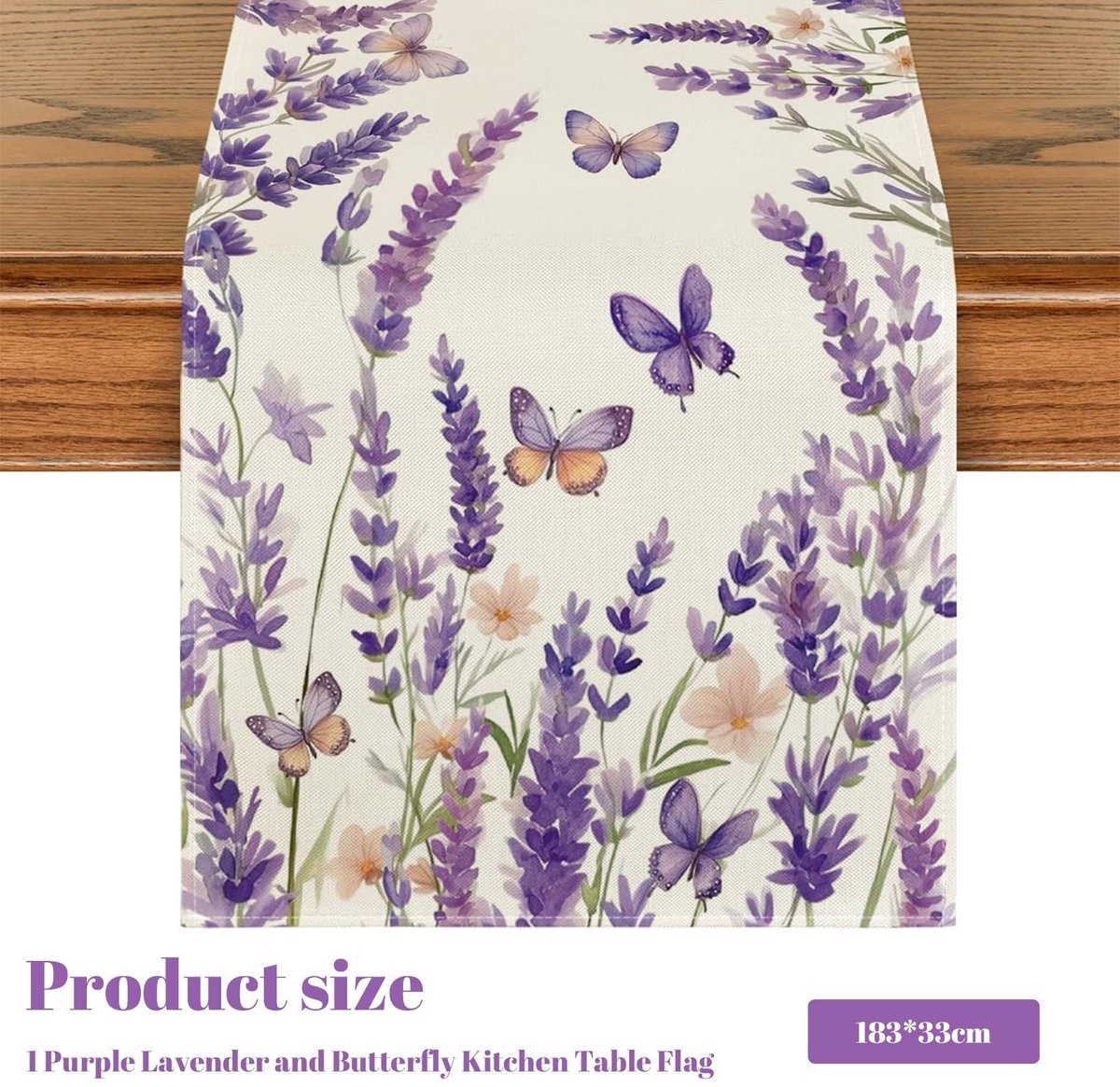 Dailygoods- Tafelloper Lentefris Ontwerp - Tafelloper met Lavendel/Vlindermotief - Decoratie - Afmeting 183 x 33 cm - Binnenhuisdecoratie - Tafelkleed