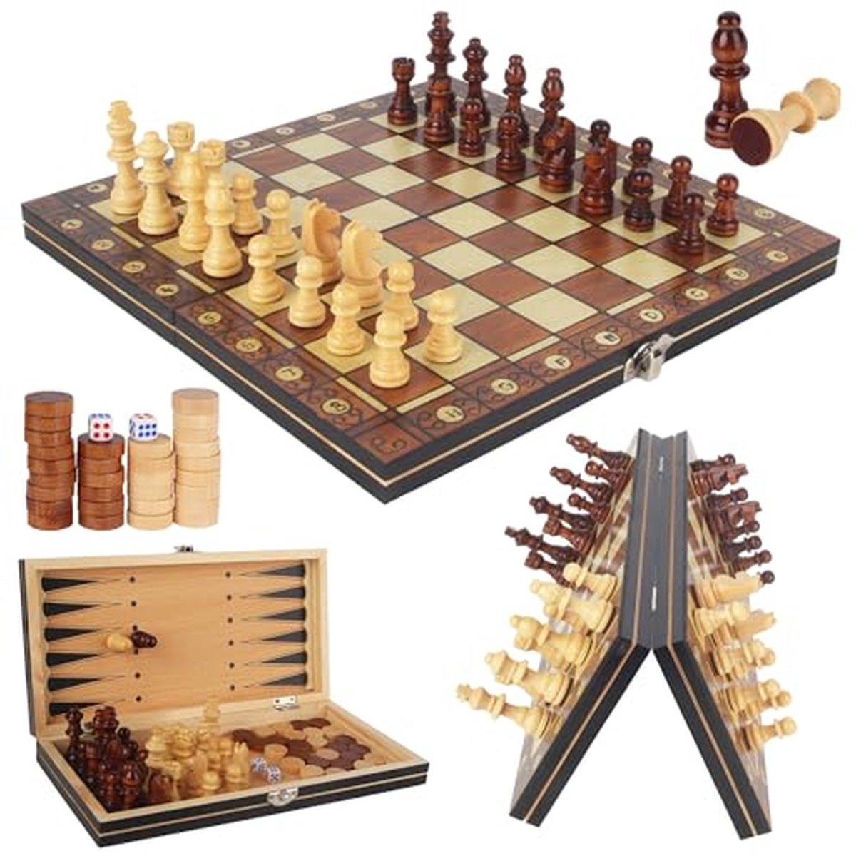 Schaakbord Set - Traditioneel Spel - Familie Spelletjes - Magnetisch Opvouwbaar - 29 cm - Houtkleur