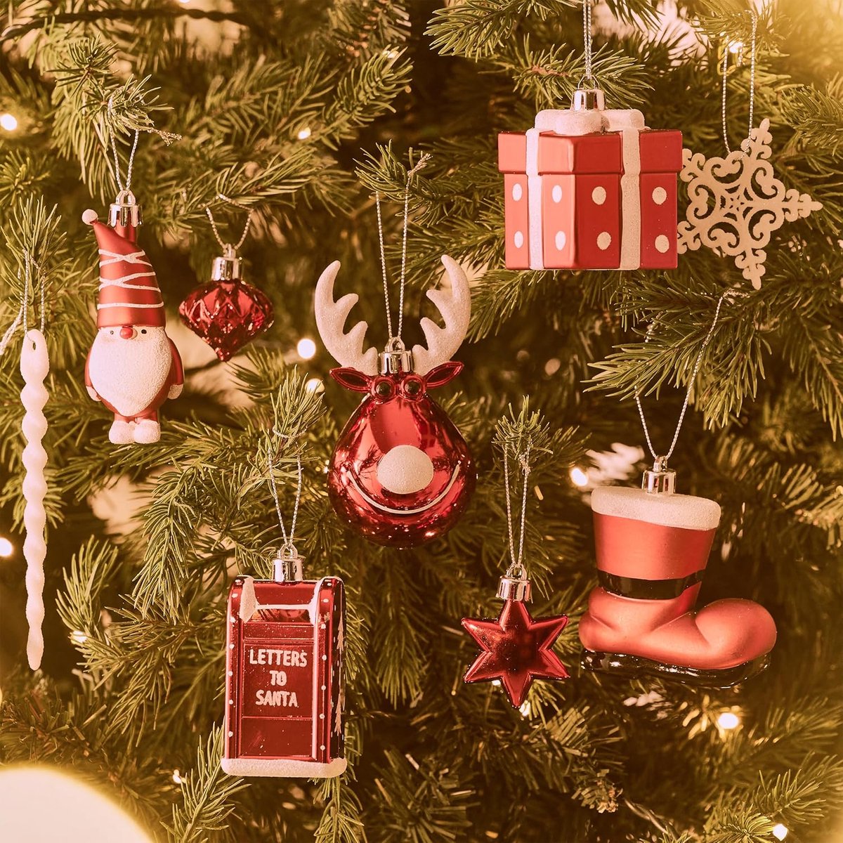 Kerstballen Set - Boomversiering Kunststof - Kerstboom Versieren - Handgeschilderd Design - 100 Stuks - Rood Wit – foto 4