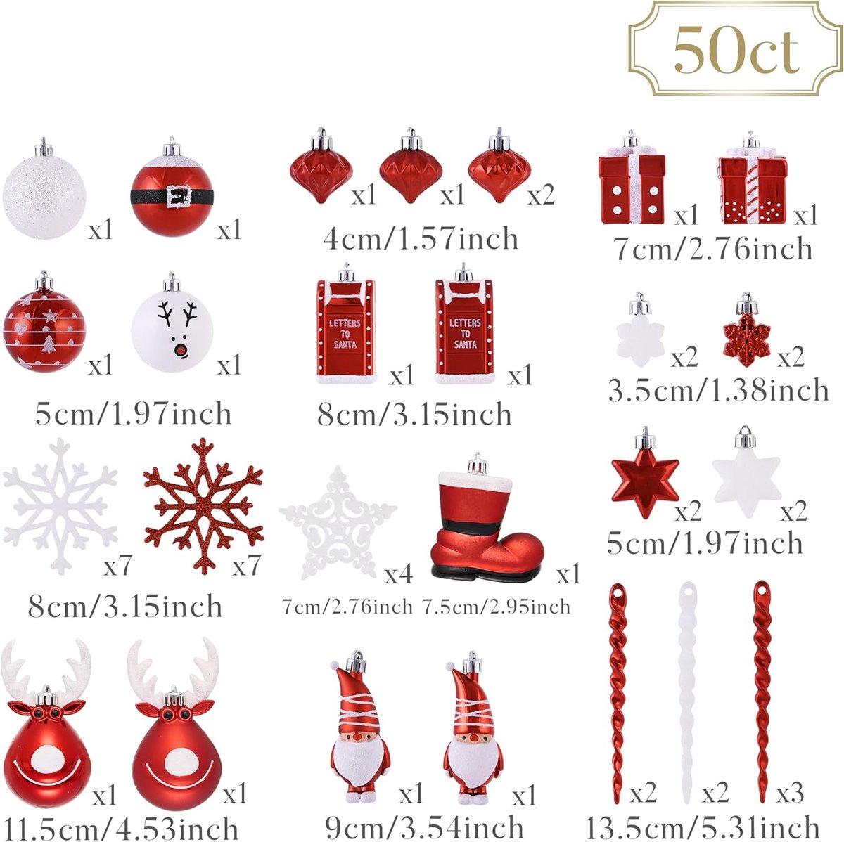 Kerstballen Set - Boomversiering Kunststof - Kerstboom Versieren - Handgeschilderd Design - 100 Stuks - Rood Wit – foto 5