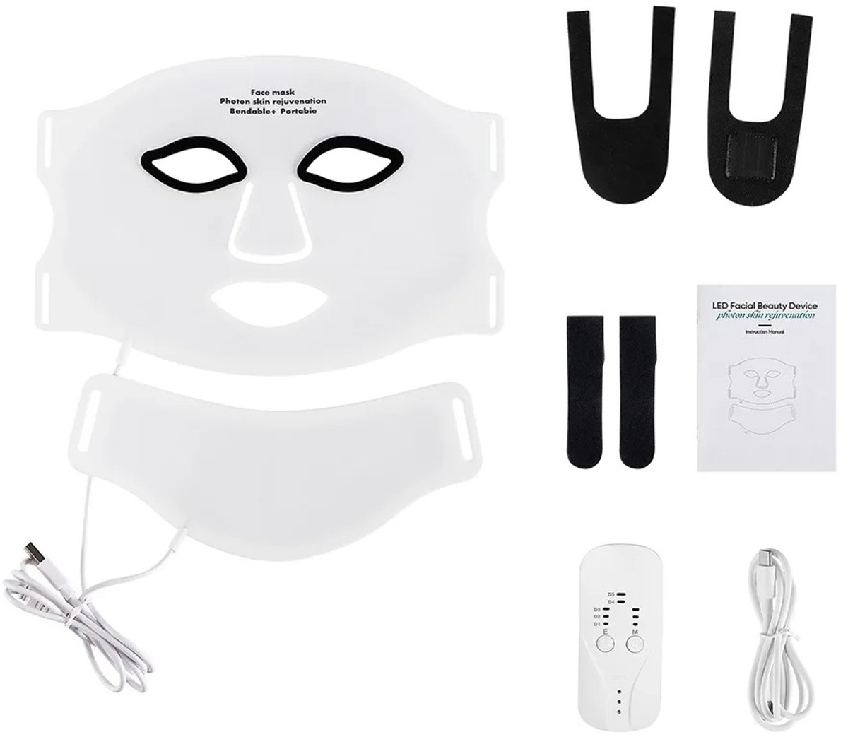 DIMICO - LED Masker - Gezichtsmasker Lichttherapie - Huidverjongingsapparaat - Anti Aging Mask - 7 Kleuren - Met Timer - Wit