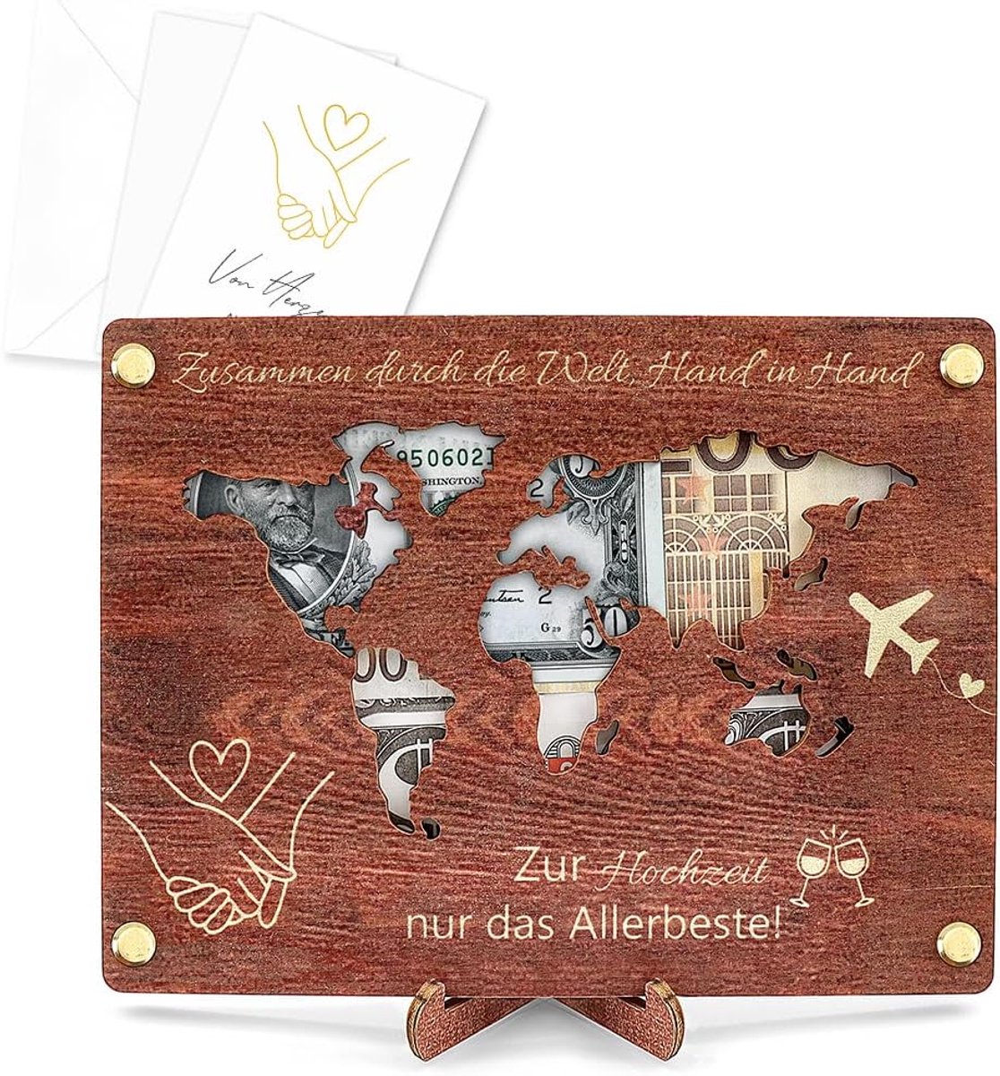 Houten Geldgeschenk - Bruidspaar Kaart - Bruiloft Vieren - Wereldkaart Design - 20 x 15 cm - Bruin