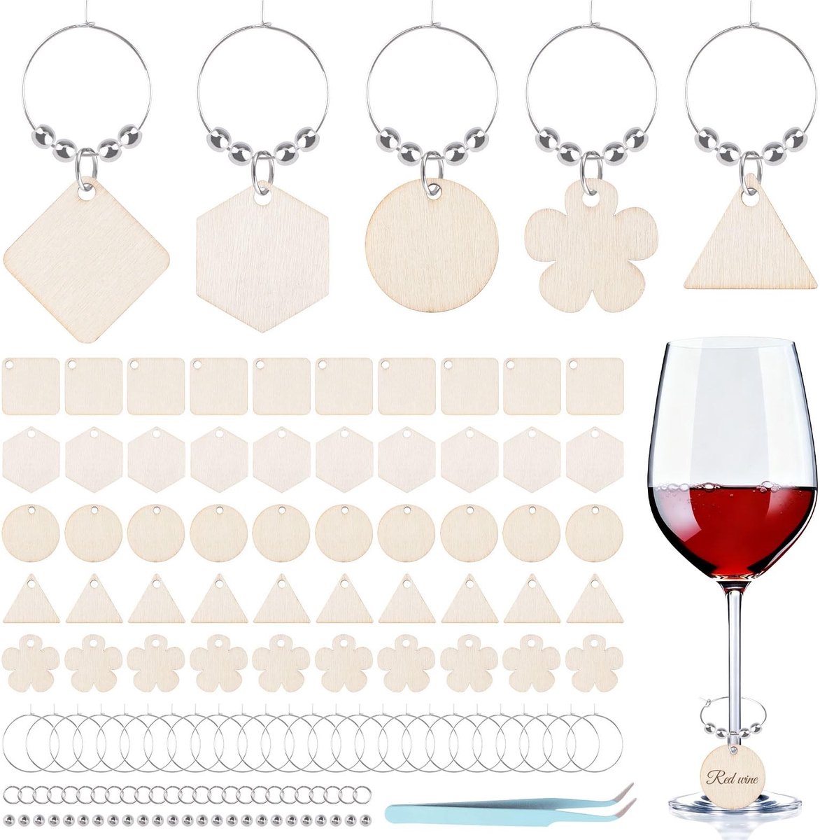 Dailygoods - 50 Stuks Houten Wijnglas Bedels met Blanco Tags