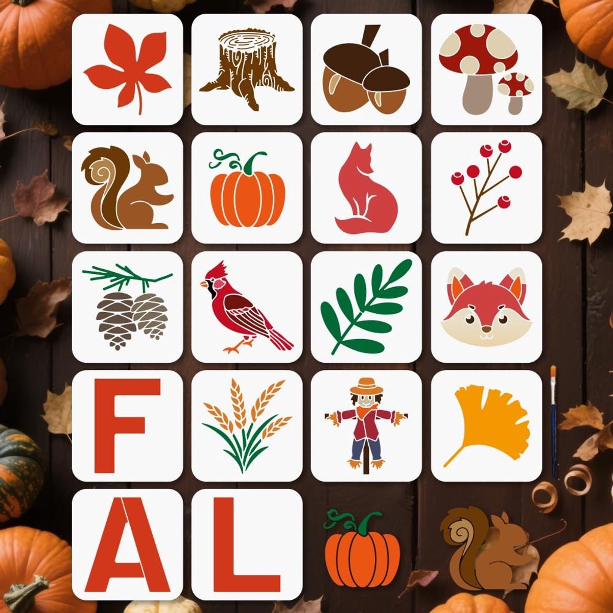 Dailygoods- Herfstsjablonen 18 Stuks - Herbruikbare Sjablonen - Paddenstoelen/Esdoornbladeren - Creatieve Elementen - 15 x 15 cm - Inclusief Penseel - Schildersjablonen