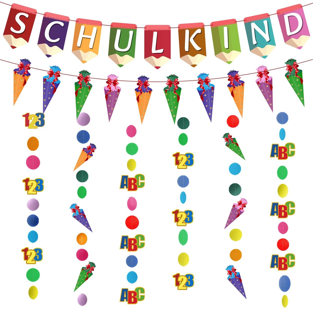 Dailygoods- Schoolslinger - Potloodvorm - Kleurrijke Feestdecoratie - Unieke Decoratie - Geschikt voor Kamer/Klaslokaal - Vrolijke Slinger