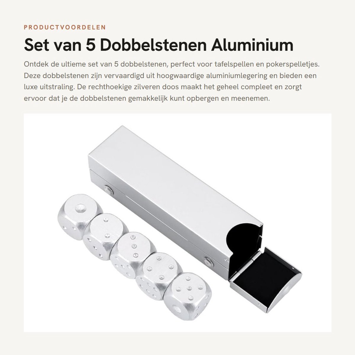 Dailygoods- Dobbelstenen Set van 5 - Aluminiumlegering - Tafelspel - Pokerspelletjes - Rechthoekige/Vierkante Doos - Duurzaam - Speelgoed