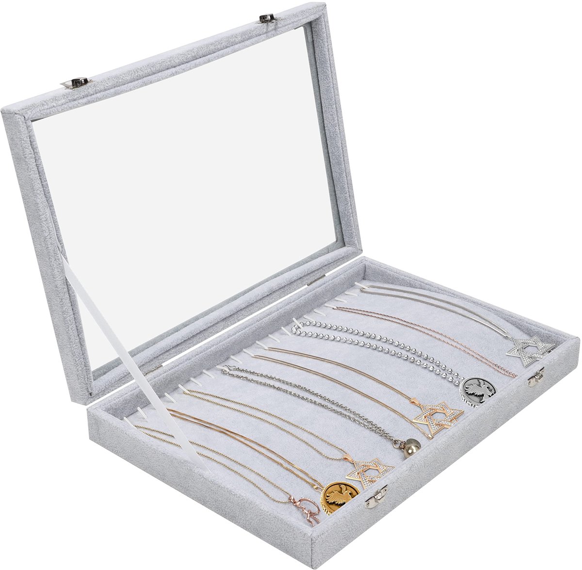 Dailygoods - Sieraden Organizer - Velours Ketting Display - Glazen Deksel - Grijs - Opslag voor Armbanden en Oorbellen - Stijlvolle en Praktische Bak
