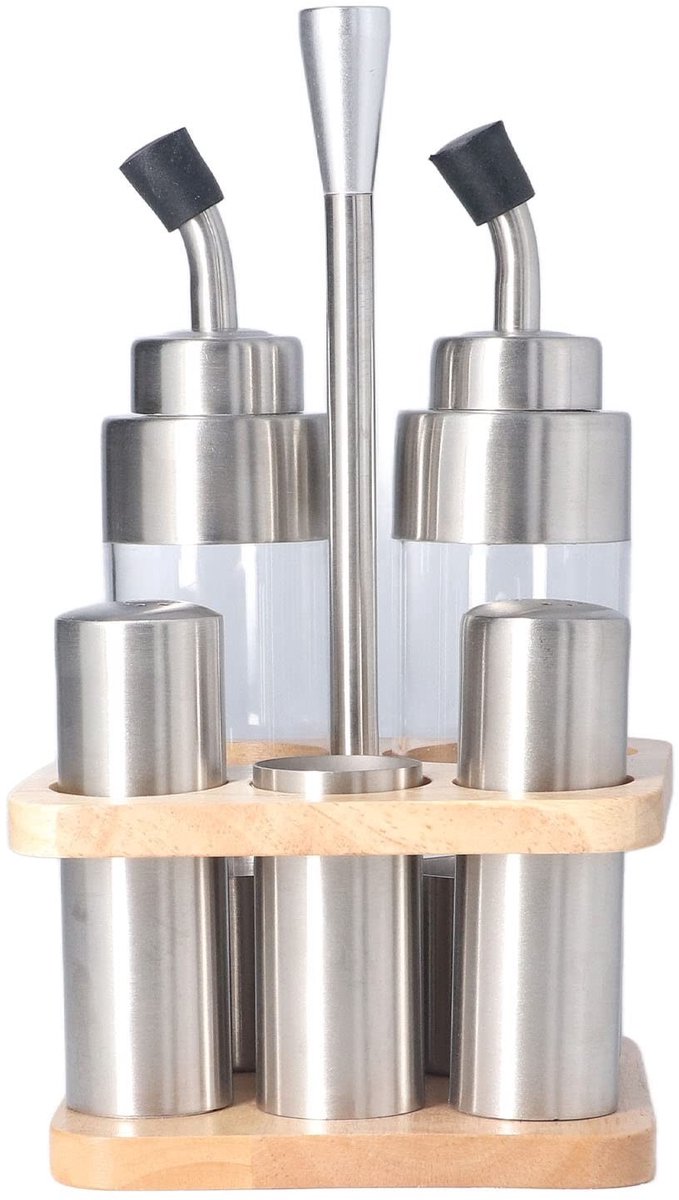 Dailygoods- Oliedispenserset 6-delig - Roestvrijstalen/Glazen Cruet-set - Zout/Pepervaatjes - Houten Rek - Duurzaam - Antidrop Kruidenset - Kruidenrek