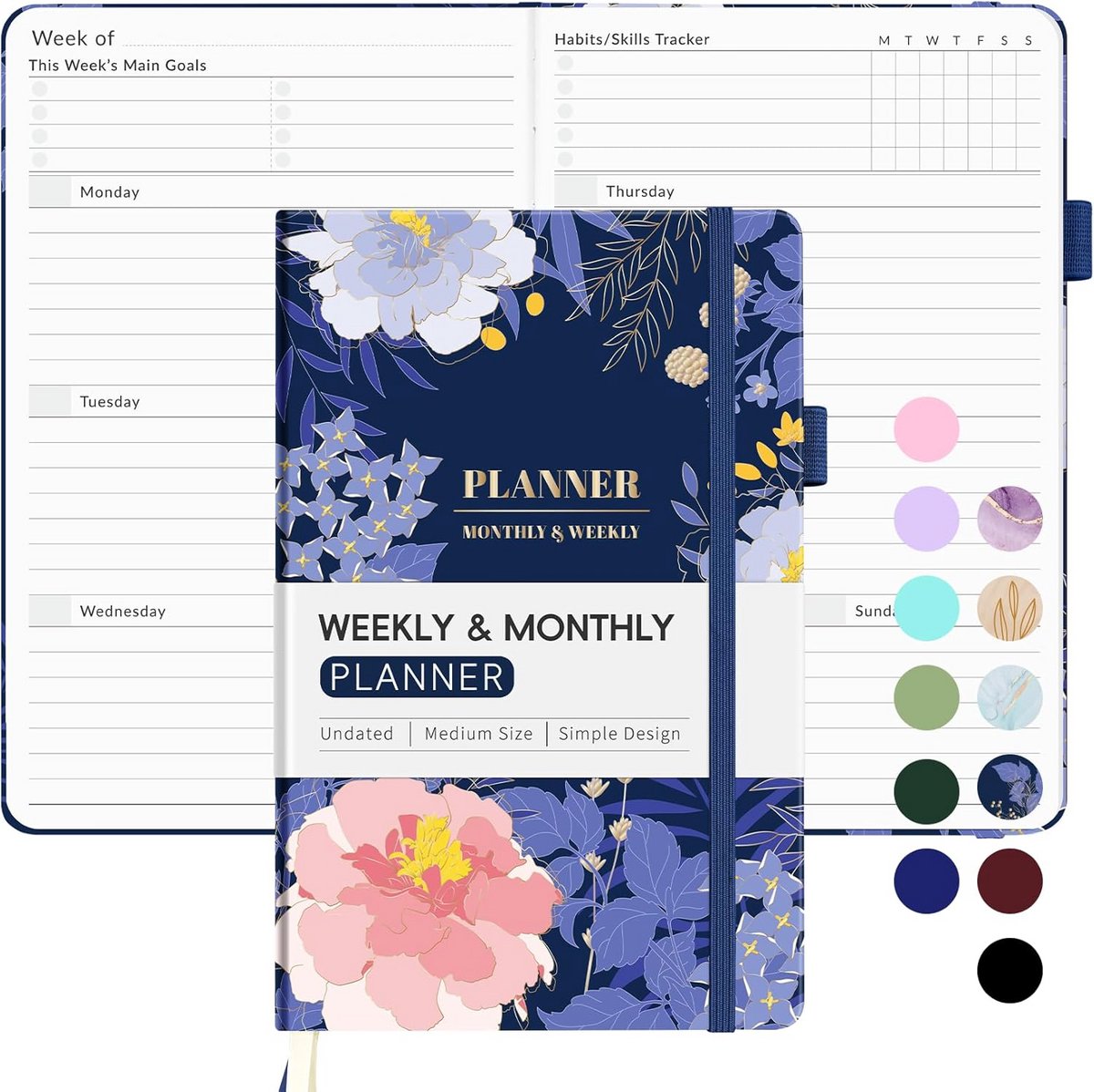 Weekplanner Kalender - Maand Planner - Taken Organiseren - Onge dateerd Ontwerp - A5 Formaat - Marineblauw Bloem