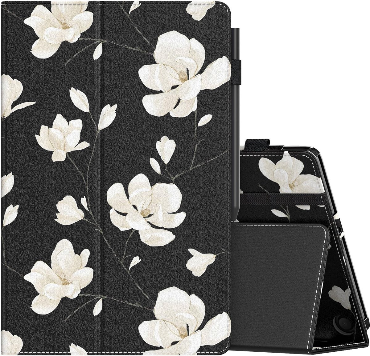 Dailygoods - Case - Tablet Cover - Slimme Opbergfunctie - Zwart-Witte Magnolia - Auto Wake/Sleep - Geschikt voor Fire Max 11 - 2023 Model