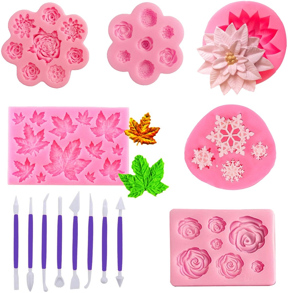 Dailygoods- Siliconen Mallen voor Fondant - Rozen Bloem en Bladeren Vormen - Cake Decoratie - Cupcake Topper - Hars/Klei Ambachten - Geschikt voor Meubels - Bakvorm