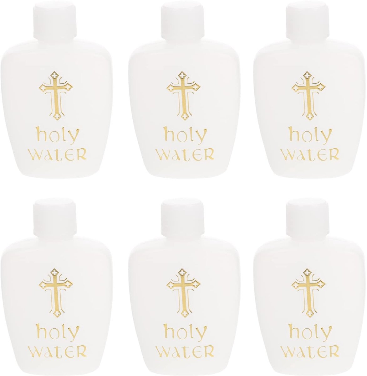 Dailygoods- Heiligwaterfles 60ml - 6x Plastic Fles - Doop/Exorcisme - Veiligheidsdop - Uniek Ontwerp - Wit met Gouden Logo - Heiligwaterflesje