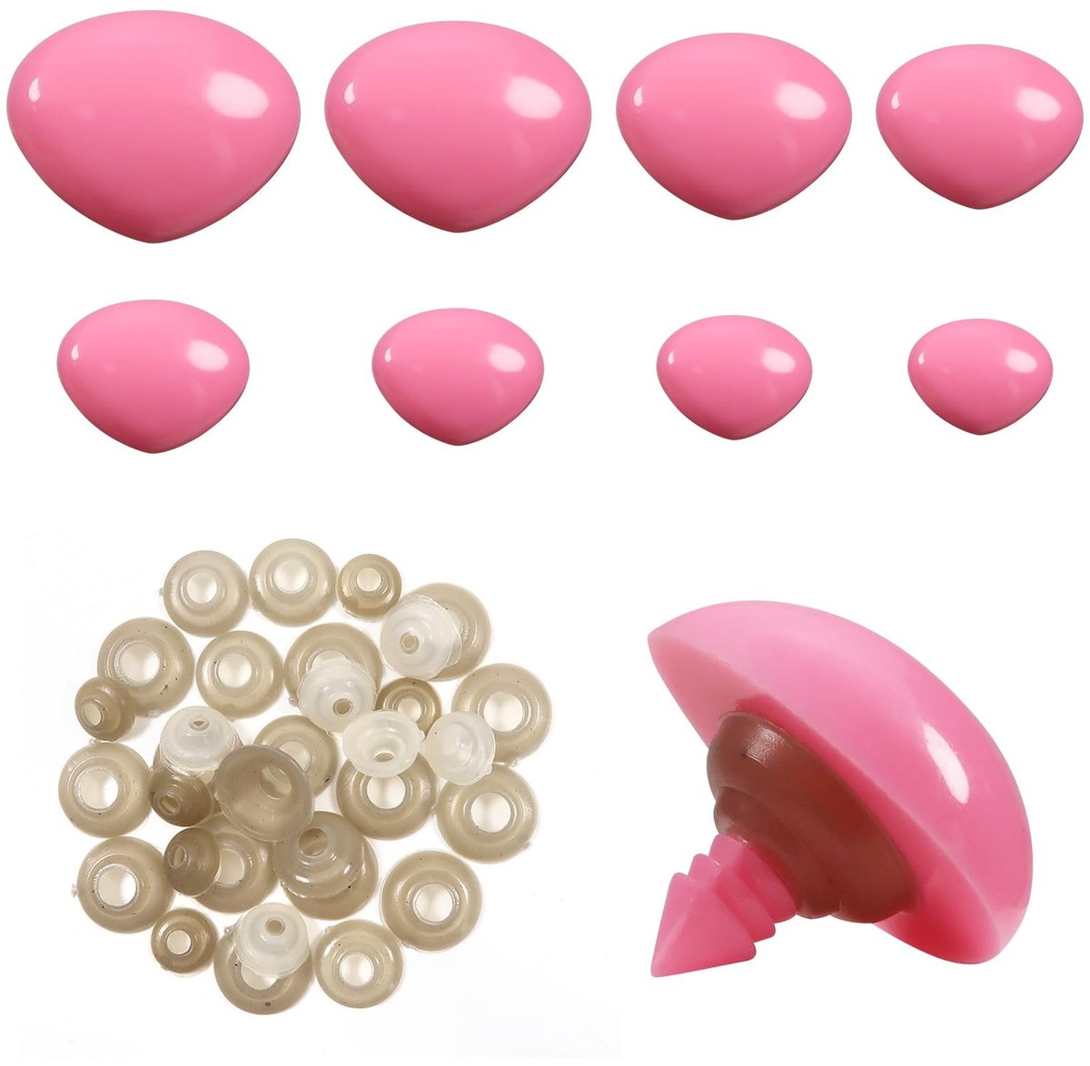 Dailygoods- Veiligheidsneuzen 33 Stuks - Driehoekige Neus - Sluitringen - Pluche Poppen - 9 mm tot 29 mm - Roze - Poppenneus