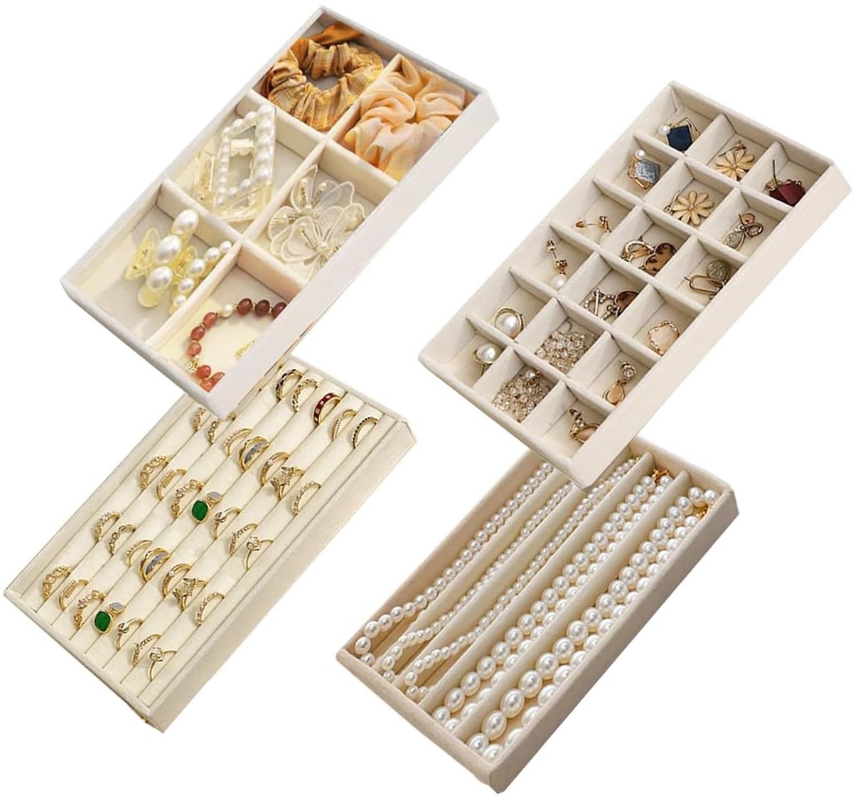 Dailygoods- Sieraden Organizer Set van 4 - Fluwelen Sieradenlade - Sieraden Opbergen - Sieraden Display - Oorbellen/Ringen/Kettingen - Hoogwaardige Kwaliteit - Sieradenopberger