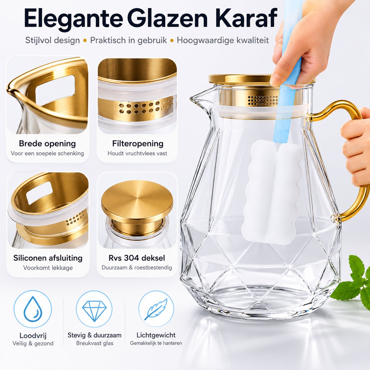 BOTC Karaf van glas - Waterkan met deksel - 2,2 L - Ijstheekan met borstel - Hittebestendige Borosilicaatkan — cadeau in Koken & Dineren - foto 7