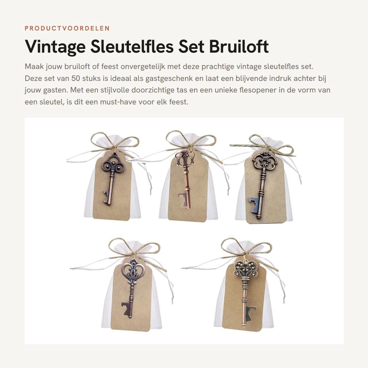 Dailygoods- Sleutelfles Vintage - 50 Stuks - Transparante Tas - Hanger - Flesopener - Perfect voor Bruiloften - Bruiloftsouvenir