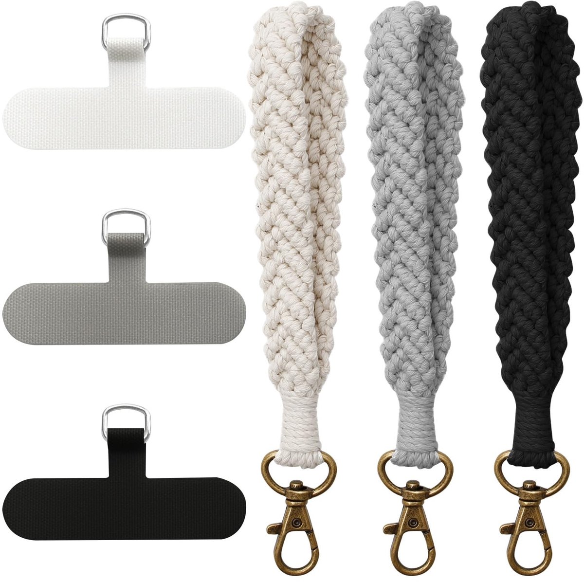 Dailygoods- Telefoonkoord Pols - 3 Stukken - Boho Macrame - Zwart/Wit/Grijs - Lichtgewicht - Geschikt voor Sleutels/Portemonnees