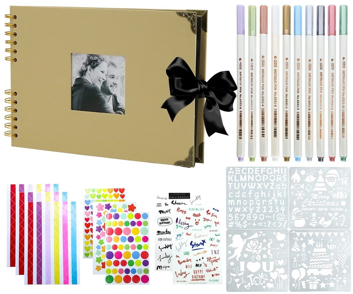 Dailygoods- Fotoalbum 40 vellen - Plakalbum voor 80-320 foto's - Elegant karton - Kleurmarkeerstiften - Gouden hoekbeschermers - Strikafwerking - Fotoboek