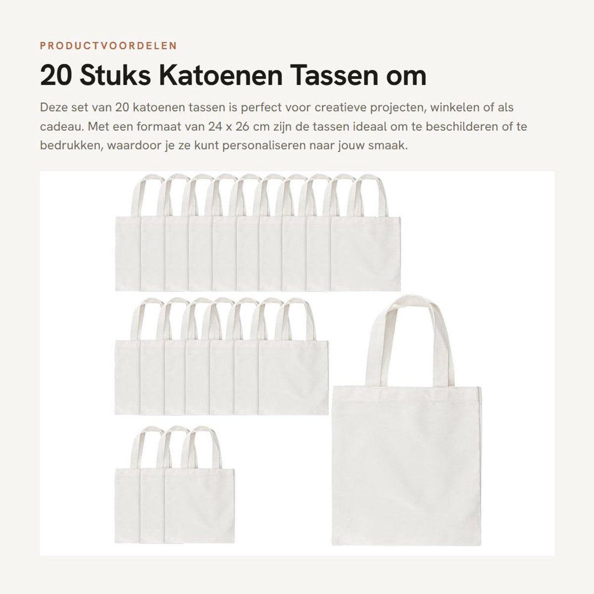Dailygoods- Katoenen Tassen 20 Stuks - Jute Zakken - 24 x 26 cm - Stevige Hengsels - Creatieve Projecten - Ideaal voor Winkelen - Boodschappentas