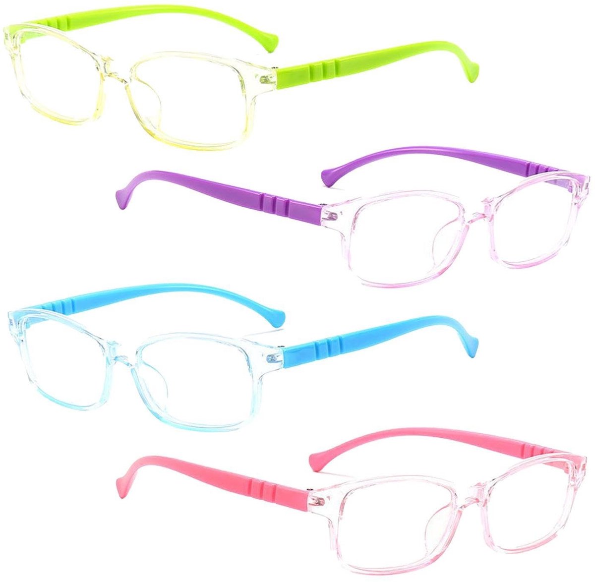 Dailygoods- Kinderbrillen Set van 4 - Lichtgewicht/Duurzaam - Transparant/Kleurig - Oogaccessoires - Geschikt voor Kinderen - Totale Spiegelbreedte 126 mm - Kinderschoenen