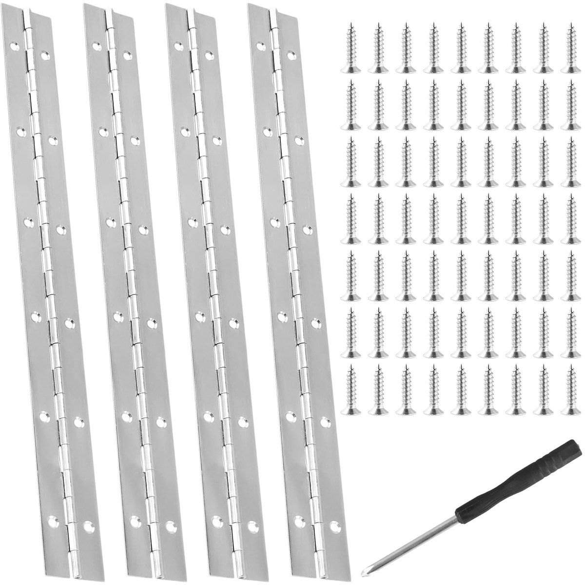 Dailygoods- Piano Scharnier Set - 4 Stuks - Roestvrij Staal - 300 x 30 mm - Met 48 Schroeven - Eenvoudige Installatie - Duurzaam
