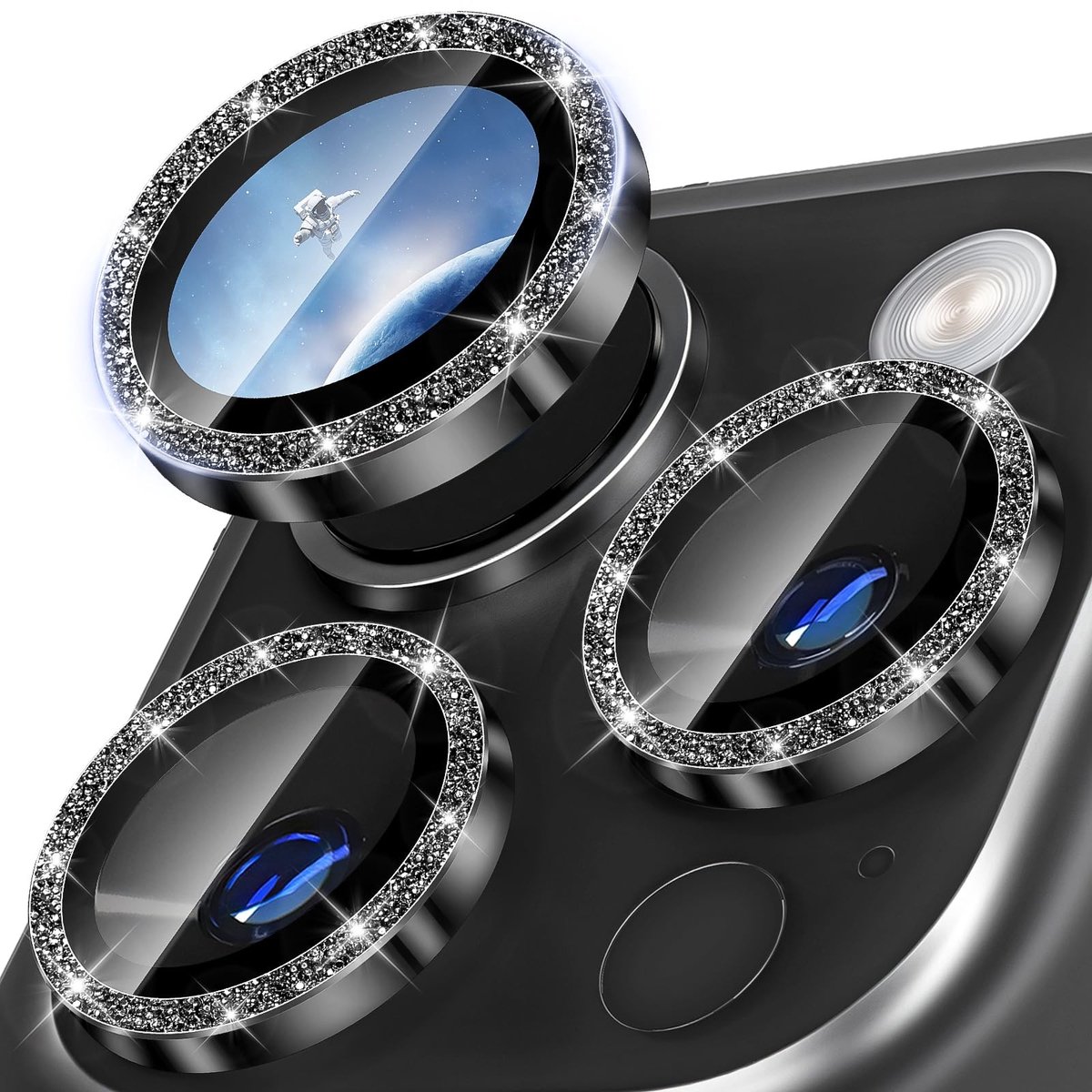 Dailygoods- Lensbeschermer HD-Glas - Camera Protector iPhone 16 Pro - Aluminium Ring - Camerabescherming - Schokbestendig - Glinsterende Poederdecoratie