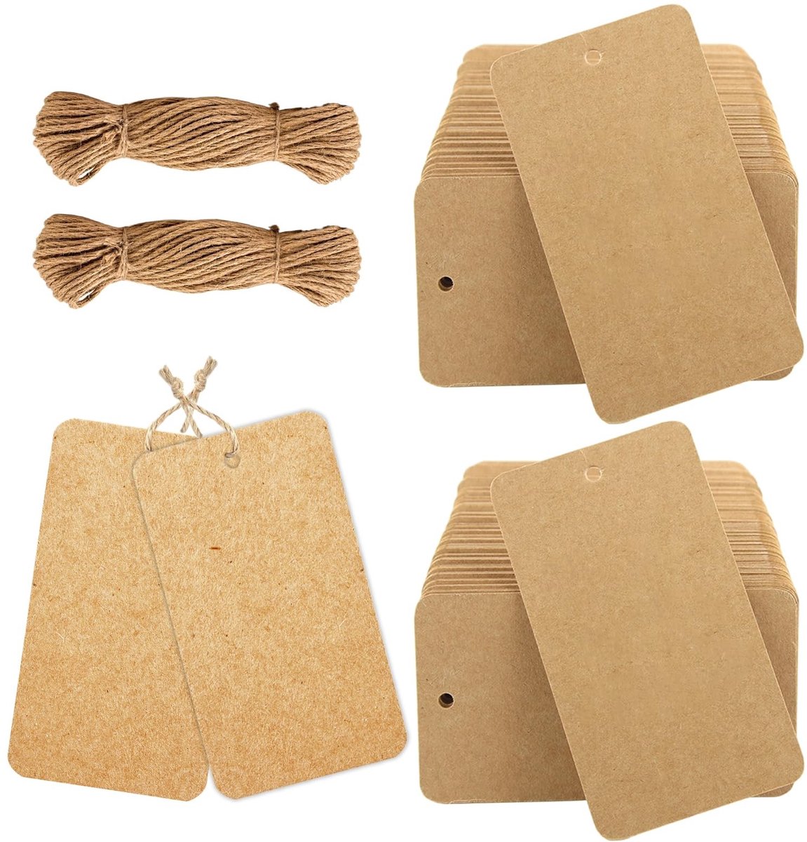 Dailygoods- Cadeaulabels 200 Stuks - Kraftpapier 9 x 5cm - Extra Dik 300g/m² - Bruin - Beschrijfbaar - Jute Touw - Label