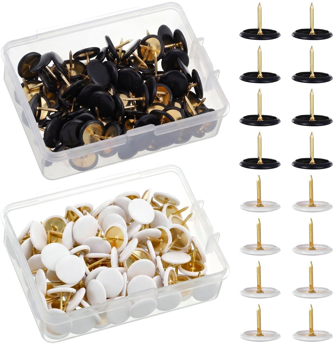 Dailygoods- Punaises 200 Stuks - Platte Nieten - Kunststof/IJzer - Zwart/Wit/Goud - Voor Prikbord/Kurkbord - Robuuste Constructie - Priknaalden