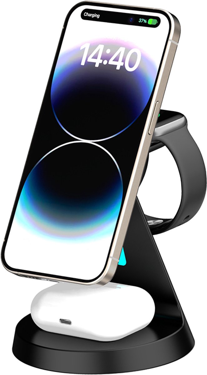 magnetisch Draadloze oplader, 15W 3-in-1 inductief oplaadstation voor Apple Iphone 12 en nieuwere versie,ondersteunt alleen Apple iWatch S2+ and AirPod 2&2+2+