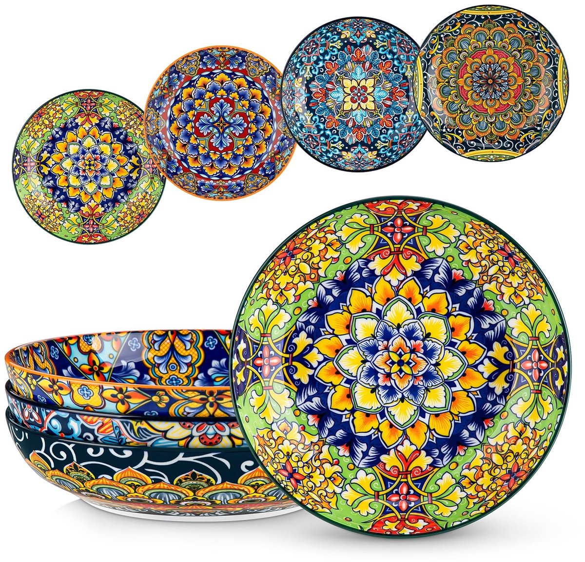NTHProducts - Pasta Bowls - Set van 4 - Gekleurde Porseleinen Schalen - 1200 ml - Vaatwasser- en Magnetronbestendig - Ideaal voor Pasta en Salade - Boh...