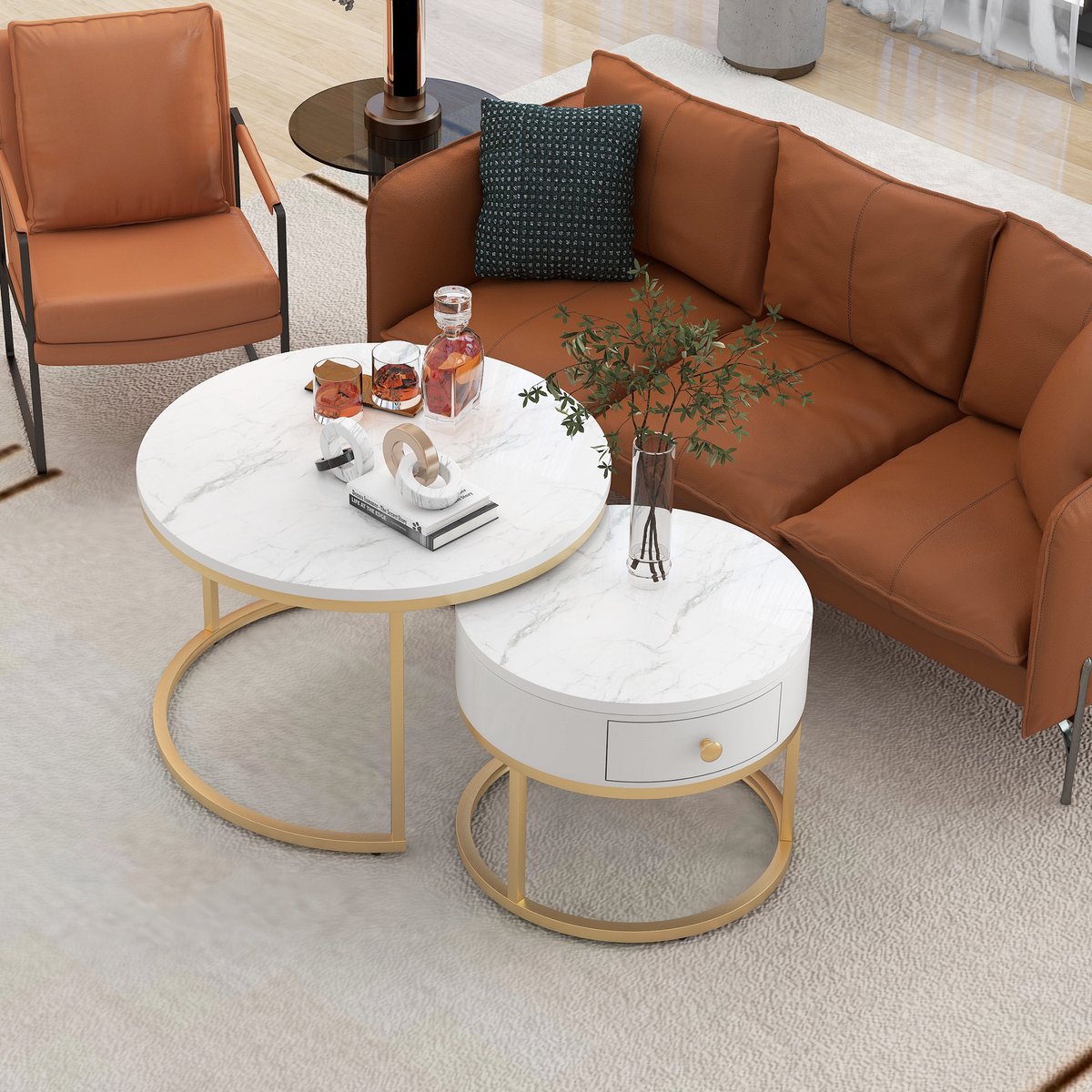 FloraGrace Salontafel Set - Ronde Nesttafels Met Hoogglans Marmerlook - Voor Woonkamer En Kleine Ruimtes - MDF - Wit