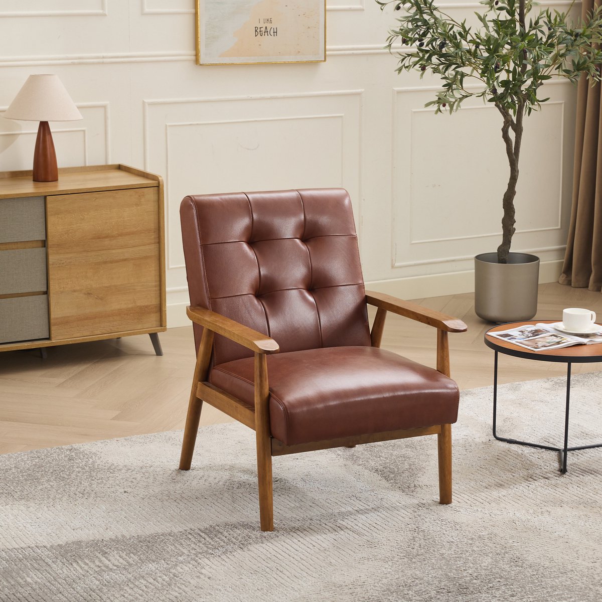 FloraGrace Fauteuil - Echt Leren Loungestoel - Met Houten Armleuningen En Rubberhouten Poten - Voor Woonkamer, Slaapkamer En Thuiswerkplek - Bruin