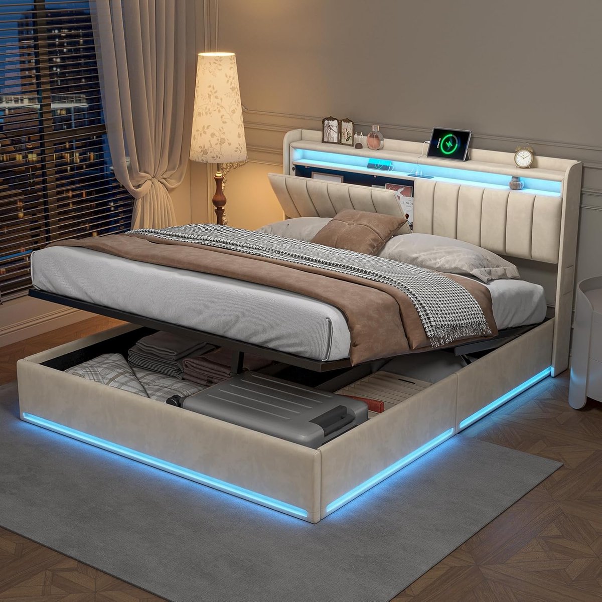 Gestoffeerd Hydraulisch Opbergbed 160x200 cm met LED Verlichting en Hoofdbord Opbergruimte – Fluweel Beige Tweepersoonsbed met Lattenbodem en Gaslift – Modern Luxe Bedframe zonder Matras – HomebyNicole