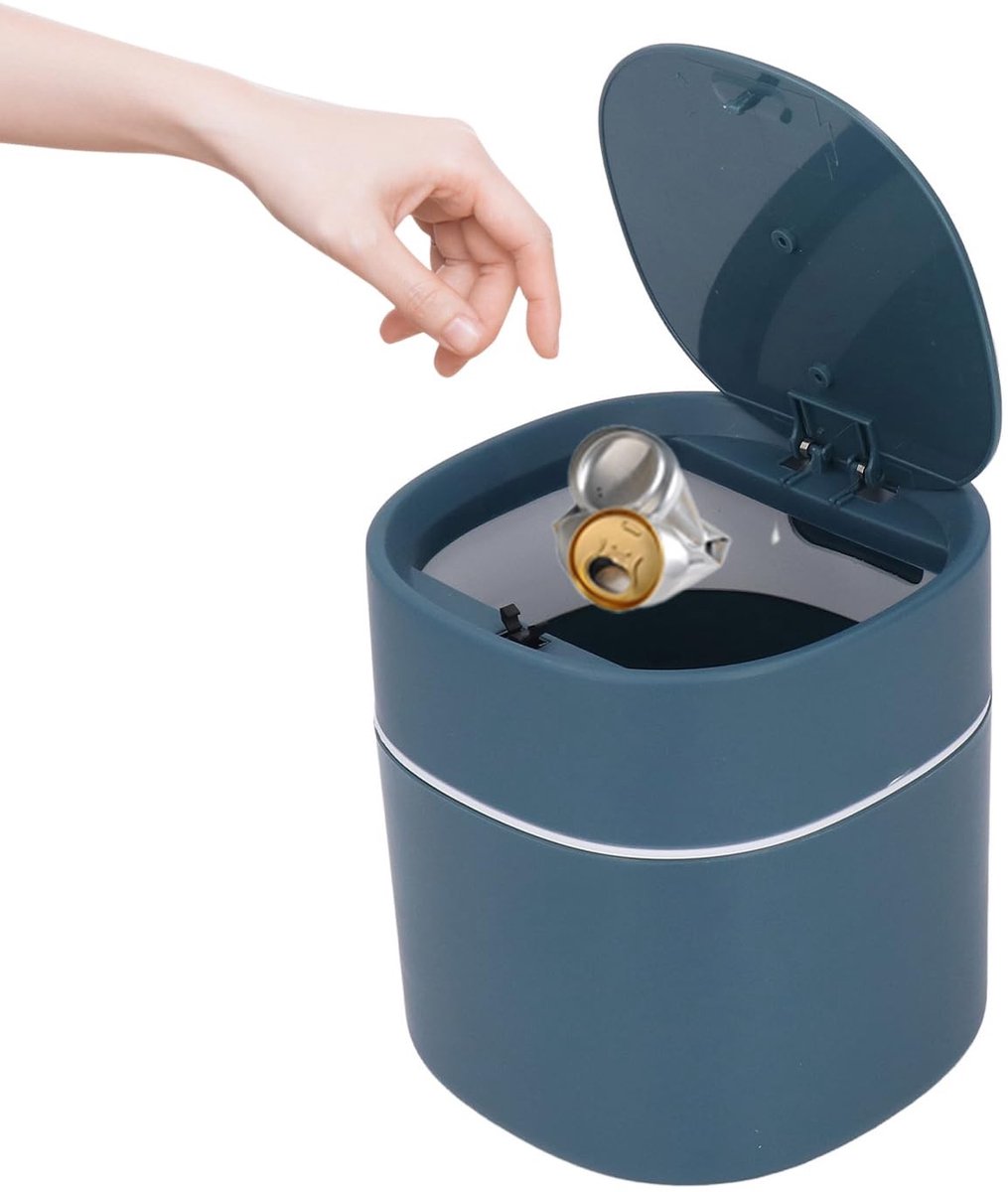 Allecto - Mini Prullenbak - Tafelafvalbak - Handige drukknop - Blauw - Afvalbakje voor badkamer, slaapkamer, keuken en kantoor