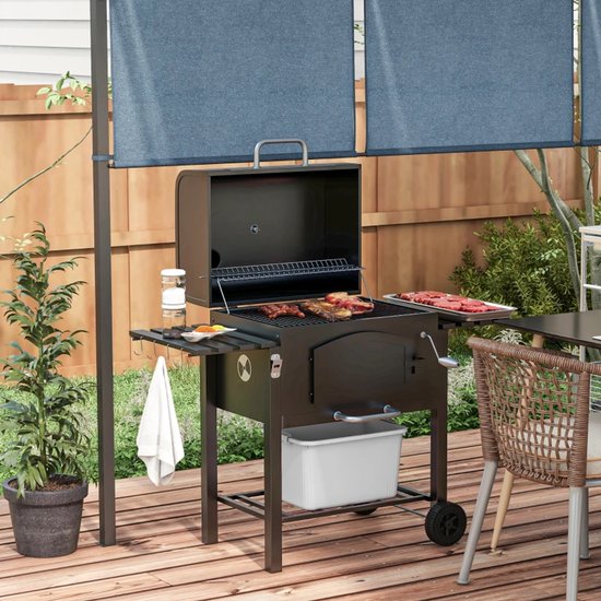 Premie 3-in-1 Houtskool Barbecue - Smoker Barbecue met Rookfunctie - Houtskoolgrill - met Verstelbaar Houtskoolcompartiment, Deksel, Handgrepen, Thermometer, Wielen - BBQ voor Kamperen, Buiten, Tuin - 124 x 66 x 112 cm - Zwart van Merkloos — afbeelding 4