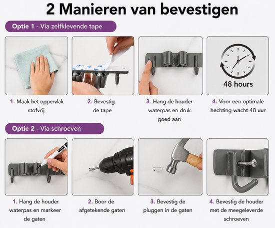 Luxe Bezem Ophangsysteem - Bezemhouder - Opbergsysteem - Ophanghaken - Tuingereedschap - Gereedschap opbergen - Antraciet van Luxe — afbeelding 3