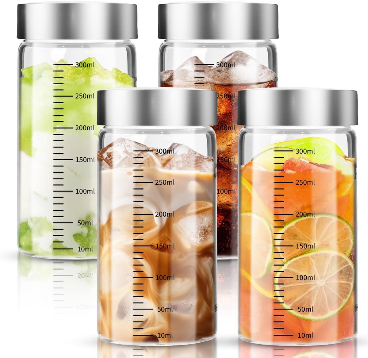 Glas Flessen Set - 300 Ml - 4 Stuks Met Maatschaal - Transparant Voor Smoothies En Sappen