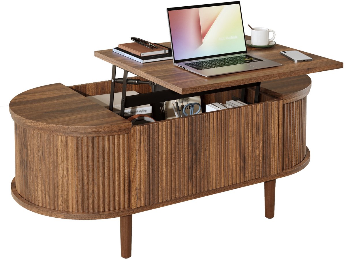 Salontafel - Verstelbaar - Ovaal Opbergruimte Vintage Massief Houten Poten - Multifunctioneel - Massief Hout