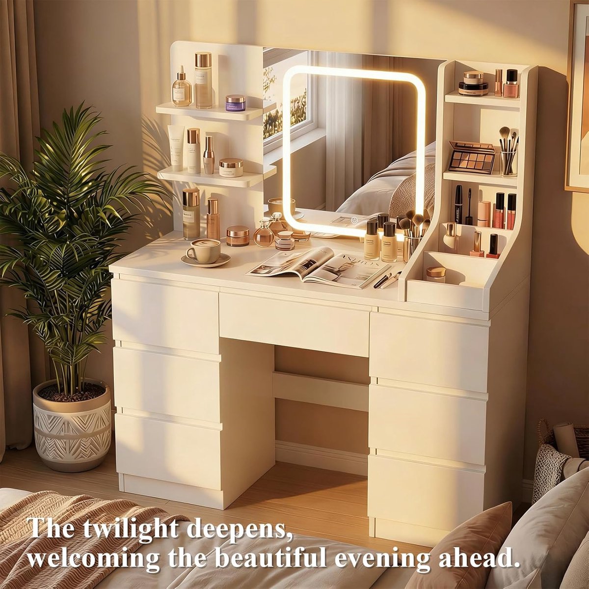 Luxe Hollywood Kaptafel met LED Spiegel 110x40x140 cm – Make-uptafel met 7 Lades, 4 Open Opbergvakken & Verstelbare Verlichting – Moderne Witte Dressing Table