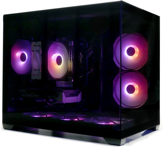 Computerkast met paarse en gele verlichting, doorzichtige zijkant en RGB-ventilatoren.
