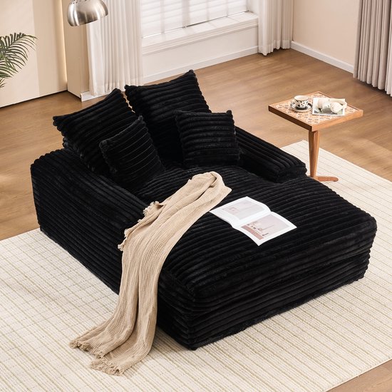 MODENUIT Chaise Longue 137 x 175 x 63 cm - Zonder Montage Met 4 Afneembare Kussens - Voor Woonkamer - Ribstof Zwart