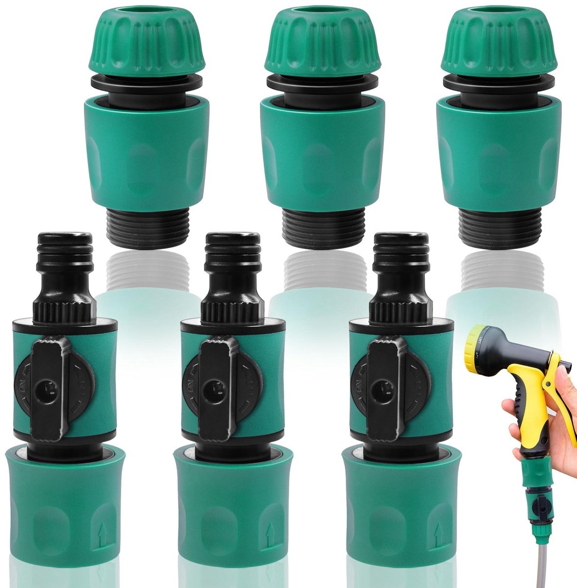 NTHProducts - Tuinslang koppelingen - Waterdichte aansluitingen - Set van 3 stuks - Groen - Voor 1/2 inch slangen - Met afsluitventiel - Ideaal voor tu...
