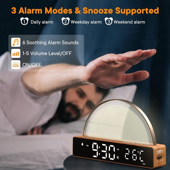 Licht Wekker Wake Up Light- Digitale Wekker met Lamp - Slaaphulp met USB Aansluiting - Slaapkamer — afbeelding 3