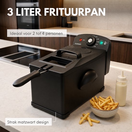 COOK-IT Frituurpan 3L - 2000W Krachtige Friteuse - Instelbare Temperatuur 115-190°C - RVS Mand - Snel Knapperige Friet & Snacks