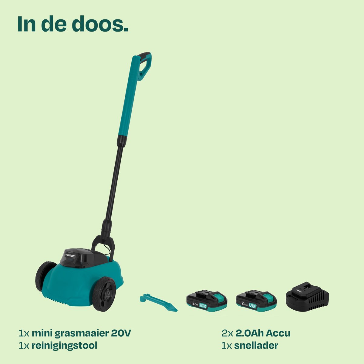 VONROC Mini Elektrische Grasmaaier 20V – 22 cm – Maaien en mulchen in één - Drie instelbare maaihoogtes: 30mm, 40mm, 50mm –- Incl. reinigingstool - Incl. 2x 2.0Ah Accu en lader – foto 6